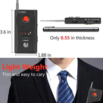 Multi-function anti-spy detector with adjustable sensitivity, laser detection, and wireless signal scanning capabilities
