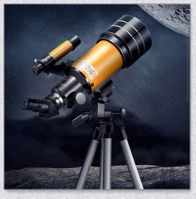 Professional astronomical telescope with adjustable tripod, Barlow lens, and eyepieces for clear, high-resolution views of the night sky