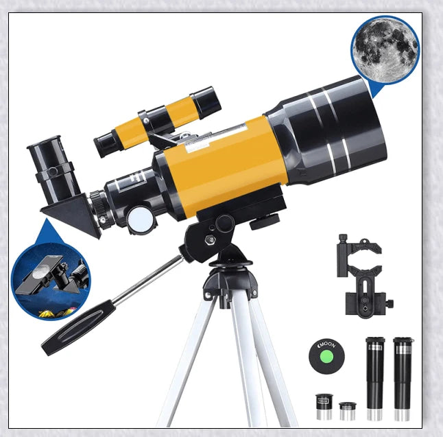 Professional astronomical telescope with adjustable tripod, Barlow lens, and eyepieces for clear, high-resolution views of the night sky