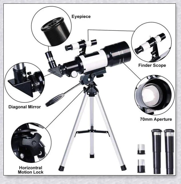 Professional astronomical telescope with adjustable tripod, Barlow lens, and eyepieces for clear, high-resolution views of the night sky