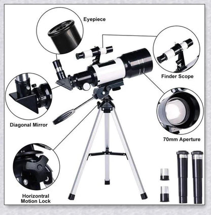 Professional astronomical telescope with adjustable tripod, Barlow lens, and eyepieces for clear, high-resolution views of the night sky