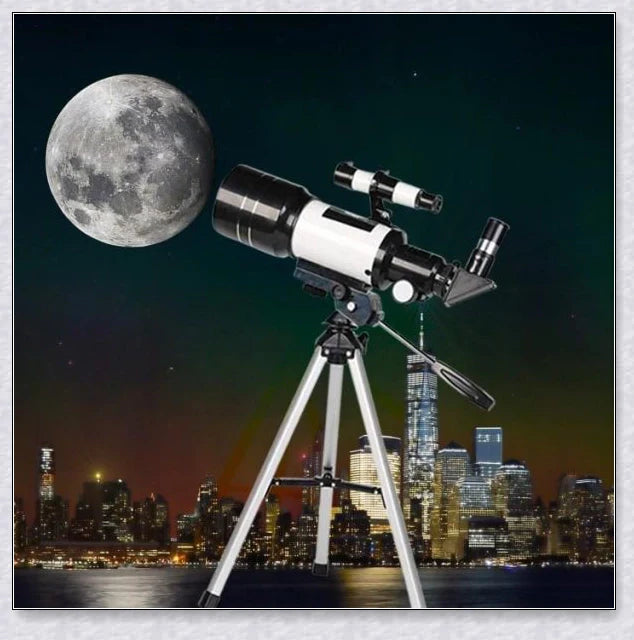 Professional astronomical telescope with adjustable tripod, Barlow lens, and eyepieces for clear, high-resolution views of the night sky