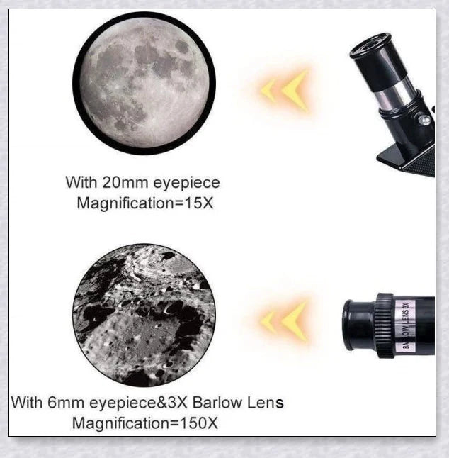 Professional astronomical telescope with adjustable tripod, Barlow lens, and eyepieces for clear, high-resolution views of the night sky