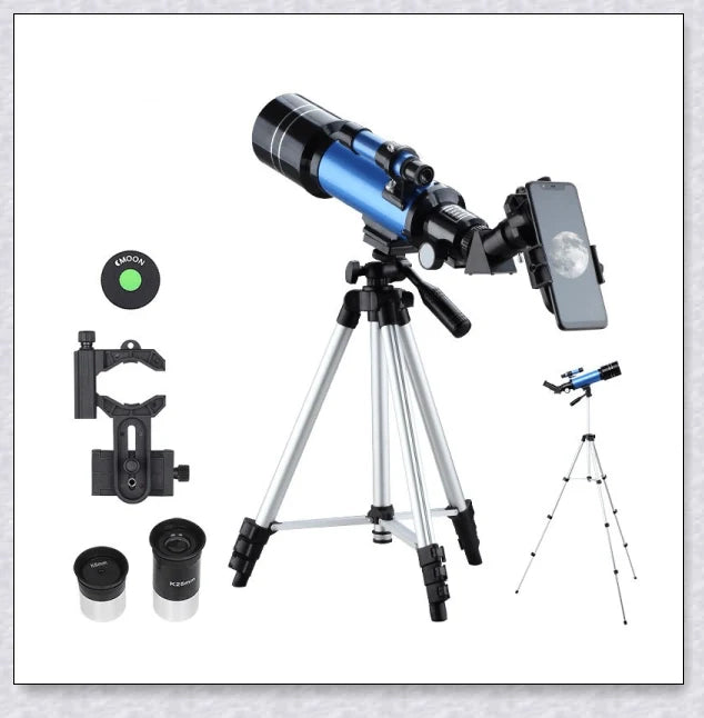 Professional astronomical telescope with adjustable tripod, Barlow lens, and eyepieces for clear, high-resolution views of the night sky