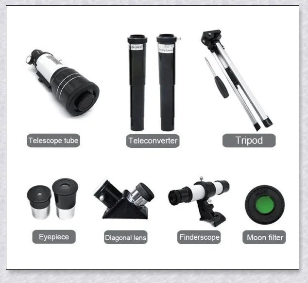Professional astronomical telescope with adjustable tripod, Barlow lens, and eyepieces for clear, high-resolution views of the night sky