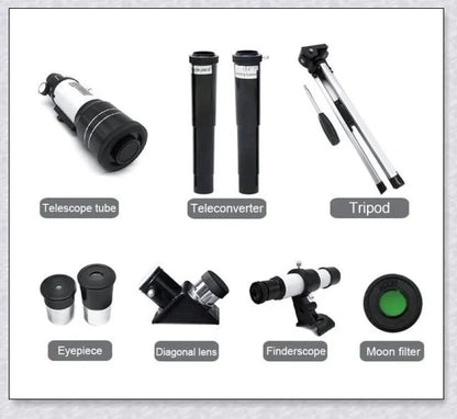 Professional astronomical telescope with adjustable tripod, Barlow lens, and eyepieces for clear, high-resolution views of the night sky