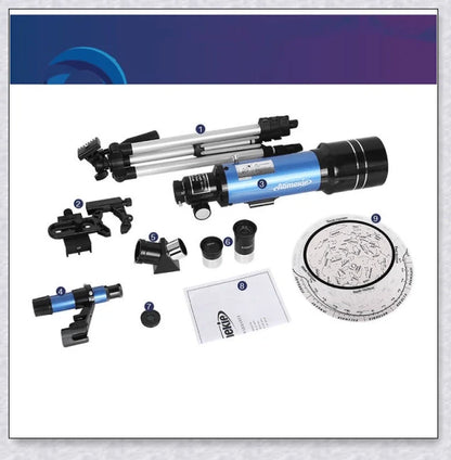 Professional astronomical telescope with adjustable tripod, Barlow lens, and eyepieces for clear, high-resolution views of the night sky