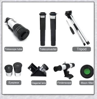 Professional astronomical telescope with adjustable tripod, Barlow lens, and eyepieces for clear, high-resolution views of the night sky