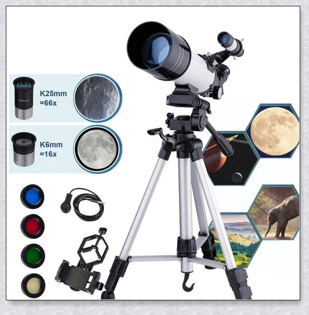 Professional astronomical telescope with adjustable tripod, Barlow lens, and eyepieces for clear, high-resolution views of the night sky