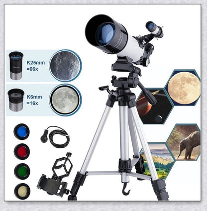 Professional astronomical telescope with adjustable tripod, Barlow lens, and eyepieces for clear, high-resolution views of the night sky