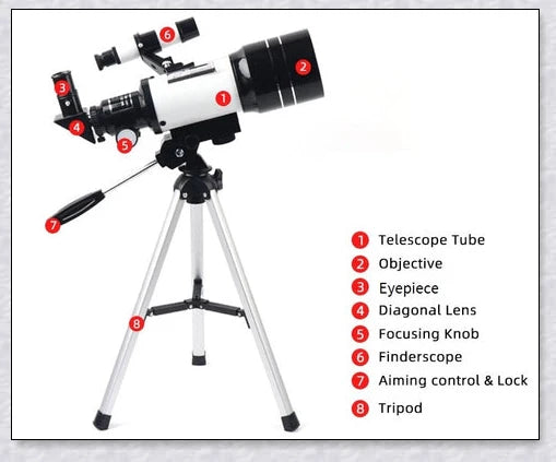 Professional astronomical telescope with adjustable tripod, Barlow lens, and eyepieces for clear, high-resolution views of the night sky