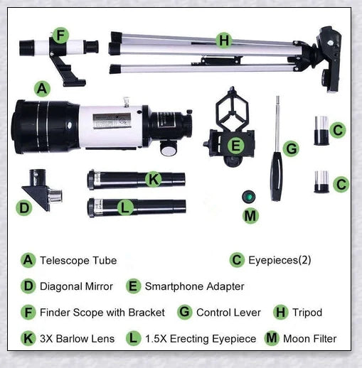 Professional astronomical telescope with adjustable tripod, Barlow lens, and eyepieces for clear, high-resolution views of the night sky
