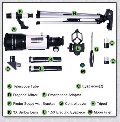 Professional astronomical telescope with adjustable tripod, Barlow lens, and eyepieces for clear, high-resolution views of the night sky