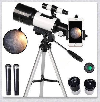 Professional astronomical telescope with adjustable tripod, Barlow lens, and eyepieces for clear, high-resolution views of the night sky