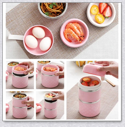 Food Thermos Lunchbox Tower with multiple color and layer options, featuring a stainless steel inner material and thermal insulation for keeping food hot or cold for up to 4 hours.