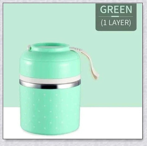 Food Thermos Lunchbox Tower with multiple color and layer options, featuring a stainless steel inner material and thermal insulation for keeping food hot or cold for up to 4 hours.