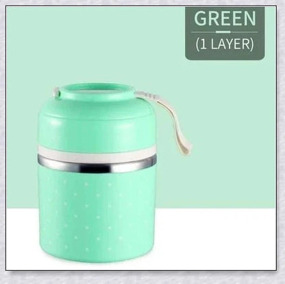 Food Thermos Lunchbox Tower with multiple color and layer options, featuring a stainless steel inner material and thermal insulation for keeping food hot or cold for up to 4 hours.