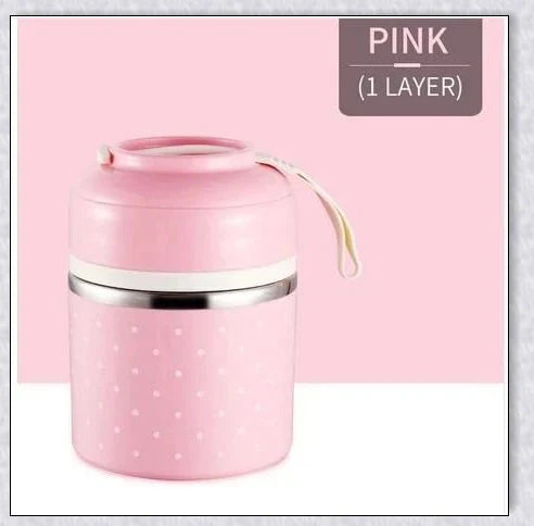 Food Thermos Lunchbox Tower with multiple color and layer options, featuring a stainless steel inner material and thermal insulation for keeping food hot or cold for up to 4 hours.