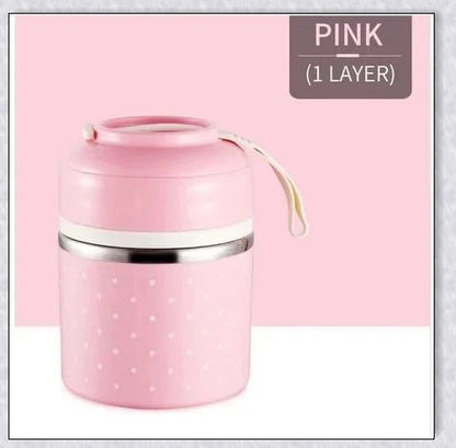 Food Thermos Lunchbox Tower with multiple color and layer options, featuring a stainless steel inner material and thermal insulation for keeping food hot or cold for up to 4 hours.