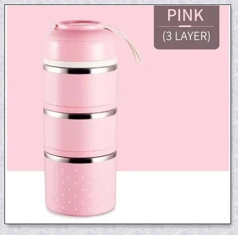 Food Thermos Lunchbox Tower with multiple color and layer options, featuring a stainless steel inner material and thermal insulation for keeping food hot or cold for up to 4 hours.