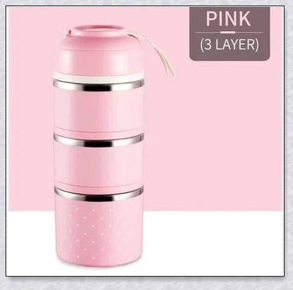 Food Thermos Lunchbox Tower with multiple color and layer options, featuring a stainless steel inner material and thermal insulation for keeping food hot or cold for up to 4 hours.