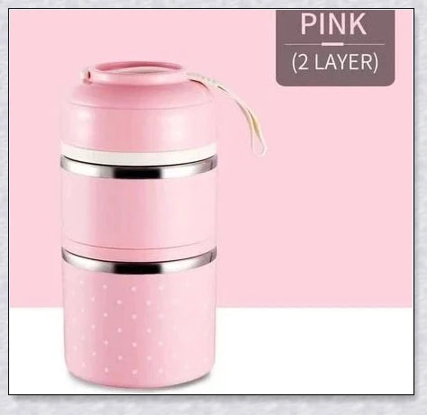 Food Thermos Lunchbox Tower with multiple color and layer options, featuring a stainless steel inner material and thermal insulation for keeping food hot or cold for up to 4 hours.