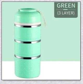 Food Thermos Lunchbox Tower with multiple color and layer options, featuring a stainless steel inner material and thermal insulation for keeping food hot or cold for up to 4 hours.