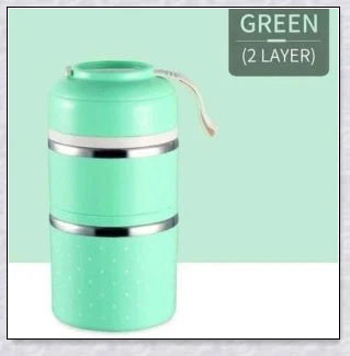 Food Thermos Lunchbox Tower with multiple color and layer options, featuring a stainless steel inner material and thermal insulation for keeping food hot or cold for up to 4 hours.