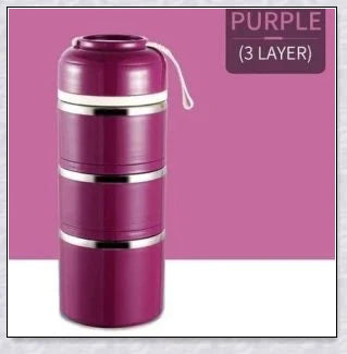 Food Thermos Lunchbox Tower with multiple color and layer options, featuring a stainless steel inner material and thermal insulation for keeping food hot or cold for up to 4 hours.