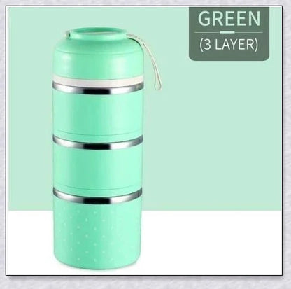 Food Thermos Lunchbox Tower with multiple color and layer options, featuring a stainless steel inner material and thermal insulation for keeping food hot or cold for up to 4 hours.