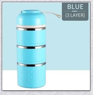 Food Thermos Lunchbox Tower with multiple color and layer options, featuring a stainless steel inner material and thermal insulation for keeping food hot or cold for up to 4 hours.