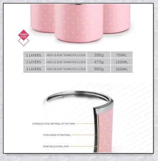 Food Thermos Lunchbox Tower with multiple color and layer options, featuring a stainless steel inner material and thermal insulation for keeping food hot or cold for up to 4 hours.