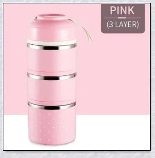 Food Thermos Lunchbox Tower with multiple color and layer options, featuring a stainless steel inner material and thermal insulation for keeping food hot or cold for up to 4 hours.