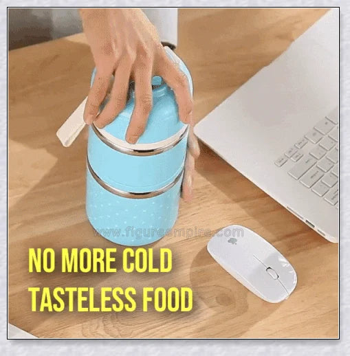 Food Thermos Lunchbox Tower with multiple color and layer options, featuring a stainless steel inner material and thermal insulation for keeping food hot or cold for up to 4 hours.