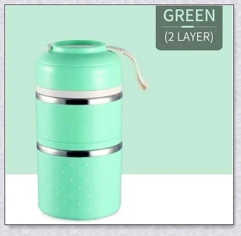 Food Thermos Lunchbox Tower with multiple color and layer options, featuring a stainless steel inner material and thermal insulation for keeping food hot or cold for up to 4 hours.