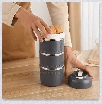 Food Thermos Lunchbox Tower with multiple color and layer options, featuring a stainless steel inner material and thermal insulation for keeping food hot or cold for up to 4 hours.