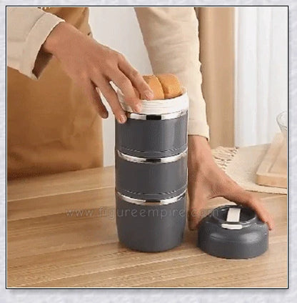 Food Thermos Lunchbox Tower with multiple color and layer options, featuring a stainless steel inner material and thermal insulation for keeping food hot or cold for up to 4 hours.