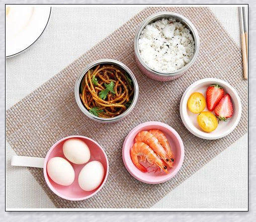 Food Thermos Lunchbox Tower with multiple color and layer options, featuring a stainless steel inner material and thermal insulation for keeping food hot or cold for up to 4 hours.