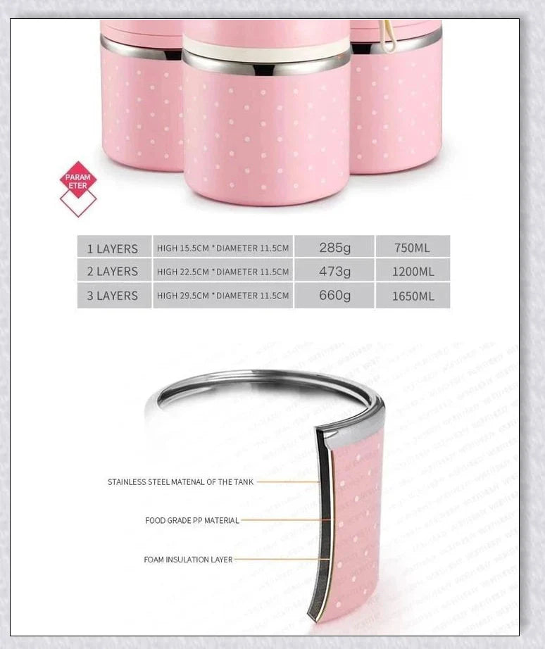 Food Thermos Lunchbox Tower with multiple color and layer options, featuring a stainless steel inner material and thermal insulation for keeping food hot or cold for up to 4 hours.