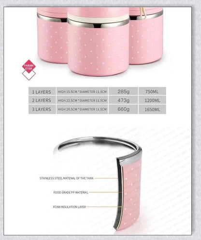 Food Thermos Lunchbox Tower with multiple color and layer options, featuring a stainless steel inner material and thermal insulation for keeping food hot or cold for up to 4 hours.