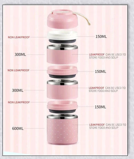 Food Thermos Lunchbox Tower with multiple color and layer options, featuring a stainless steel inner material and thermal insulation for keeping food hot or cold for up to 4 hours.