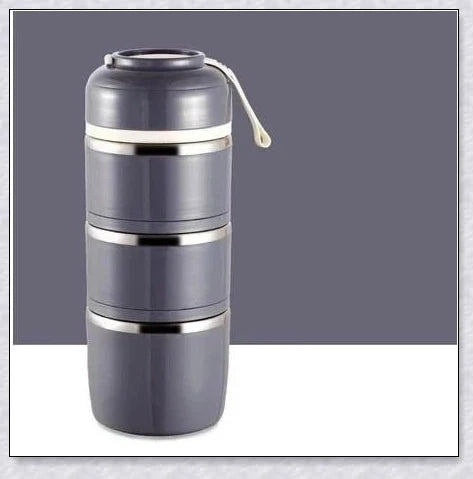 Food Thermos Lunchbox Tower with multiple color and layer options, featuring a stainless steel inner material and thermal insulation for keeping food hot or cold for up to 4 hours.