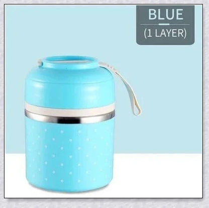 Food Thermos Lunchbox Tower with multiple color and layer options, featuring a stainless steel inner material and thermal insulation for keeping food hot or cold for up to 4 hours.