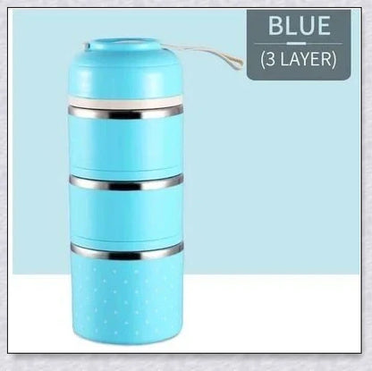 Food Thermos Lunchbox Tower with multiple color and layer options, featuring a stainless steel inner material and thermal insulation for keeping food hot or cold for up to 4 hours.