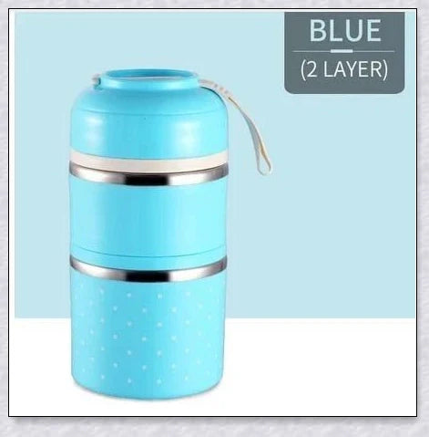 Food Thermos Lunchbox Tower with multiple color and layer options, featuring a stainless steel inner material and thermal insulation for keeping food hot or cold for up to 4 hours.