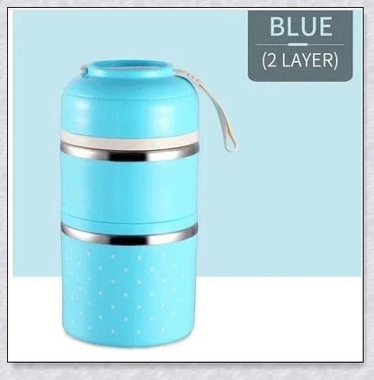 Food Thermos Lunchbox Tower with multiple color and layer options, featuring a stainless steel inner material and thermal insulation for keeping food hot or cold for up to 4 hours.