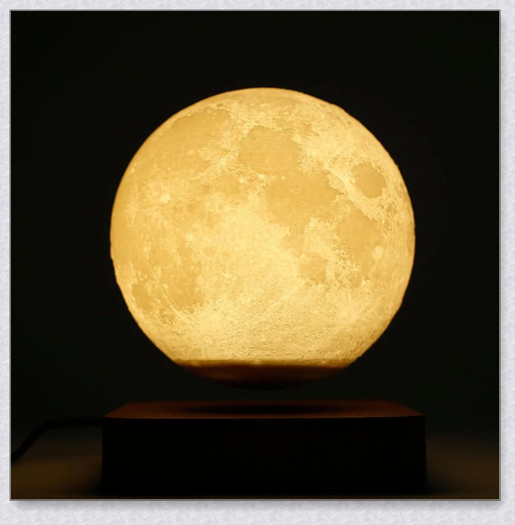 Lunamen - Magnetic Levitating Moon Lamp that rotates and levitates above a magnetic base, displaying the moon's detailed surface.
