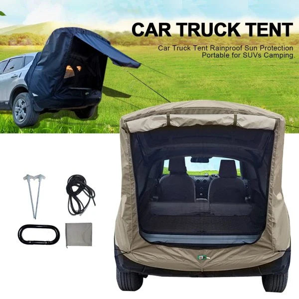Car Trunk Extension Tent made from durable 210D polyester Oxford fabric with a 2000PU waterproof rating and UV-resistant coating, providing a comfortable and versatile shelter for outdoor adventures.