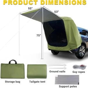 Car Trunk Extension Tent made from durable 210D polyester Oxford fabric with a 2000PU waterproof rating and UV-resistant coating, providing a comfortable and versatile shelter for outdoor adventures.