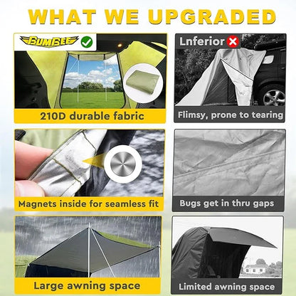 Car Trunk Extension Tent made from durable 210D polyester Oxford fabric with a 2000PU waterproof rating and UV-resistant coating, providing a comfortable and versatile shelter for outdoor adventures.